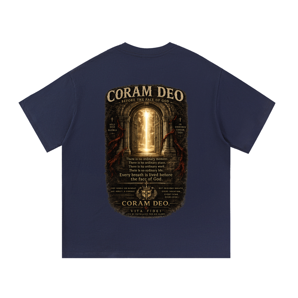 Coram Deo Christian t-shirt in navy blue — full back print of a doorway of light with ‘Before the Face of God’
