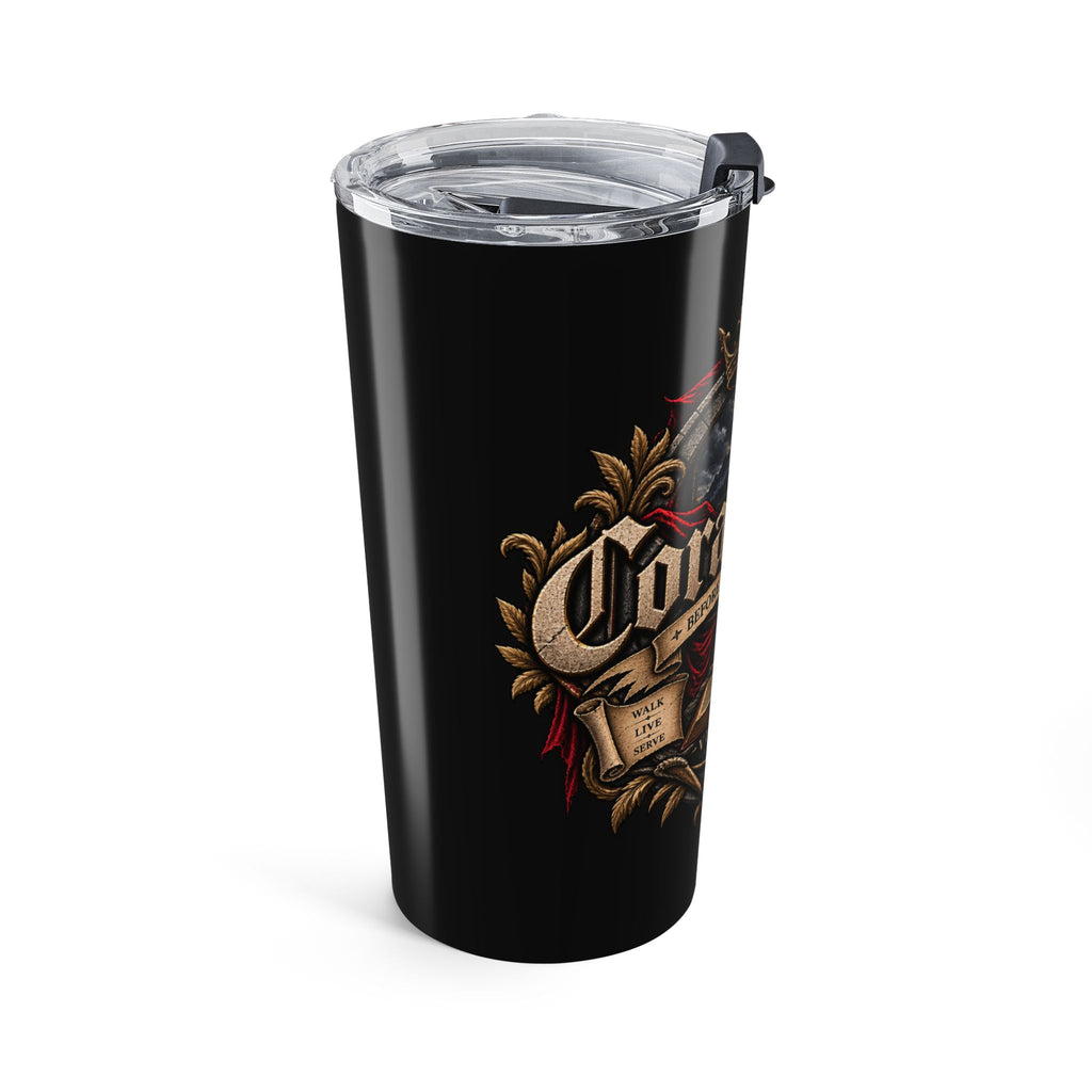 20oz Christian Tumbler – Coram Deo Crest Travel Cup (Cross, Crown & Latin Motto)