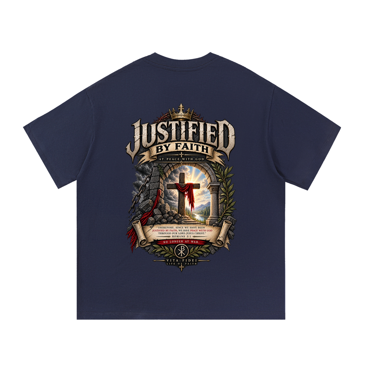 Justified by Faith Christian t-shirt in navy blue — full back print of the cross with Romans 5:1 and ‘At Peace with God’