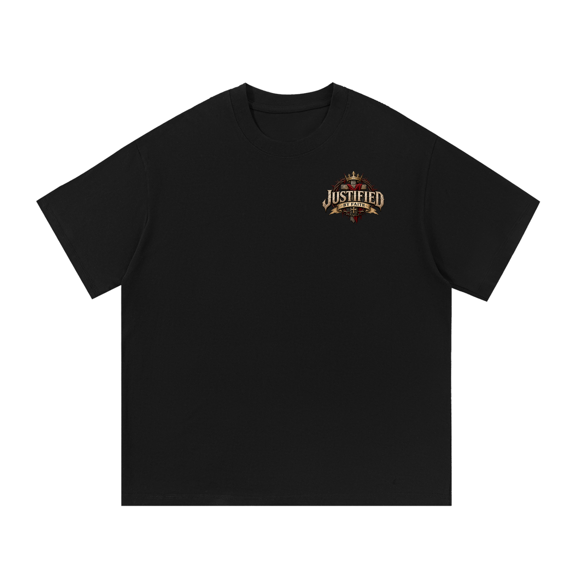 Justified by Faith Christian t-shirt in black — front with small left-chest crest, Vita Fidei Reformation Collection