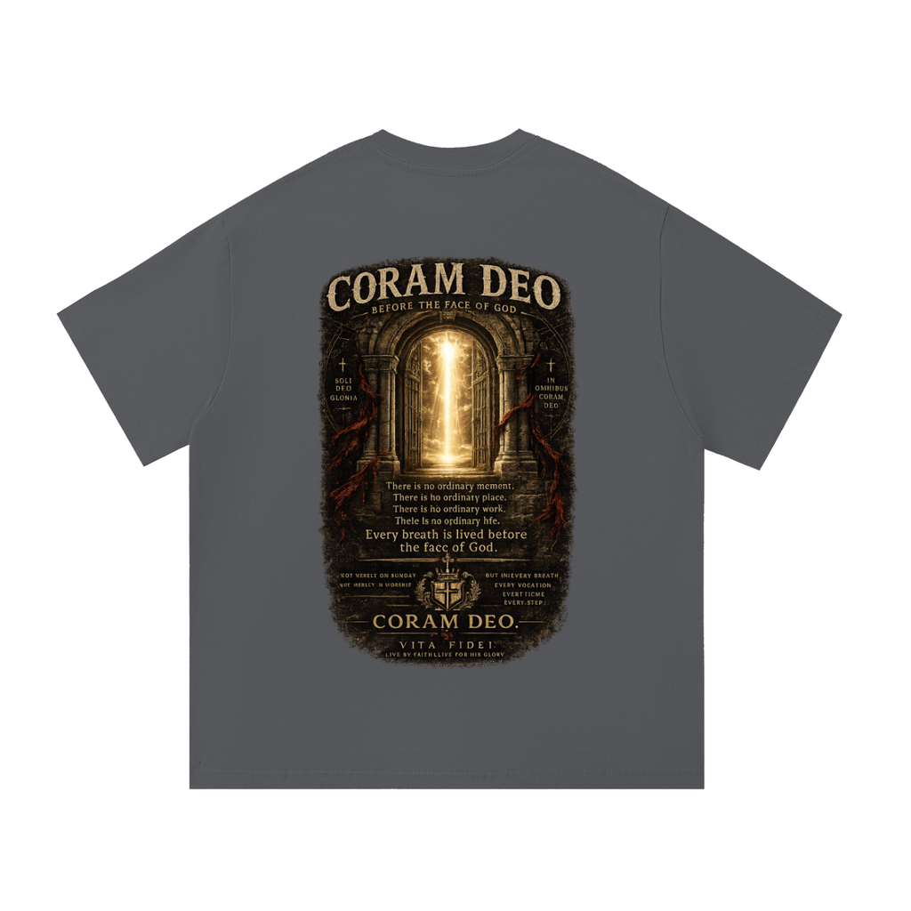Coram Deo Christian t-shirt in dark gray — full back print of a doorway of light with ‘Before the Face of God’