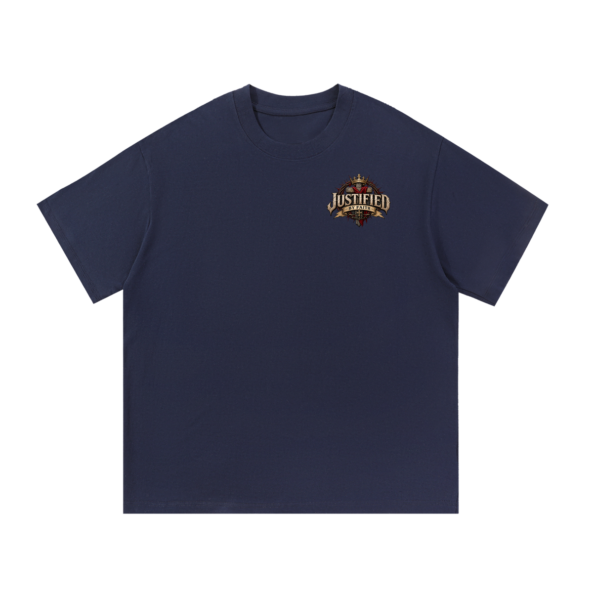 Justified by Faith Christian t-shirt in navy blue — front with small left-chest crest, Vita Fidei Reformation Collection