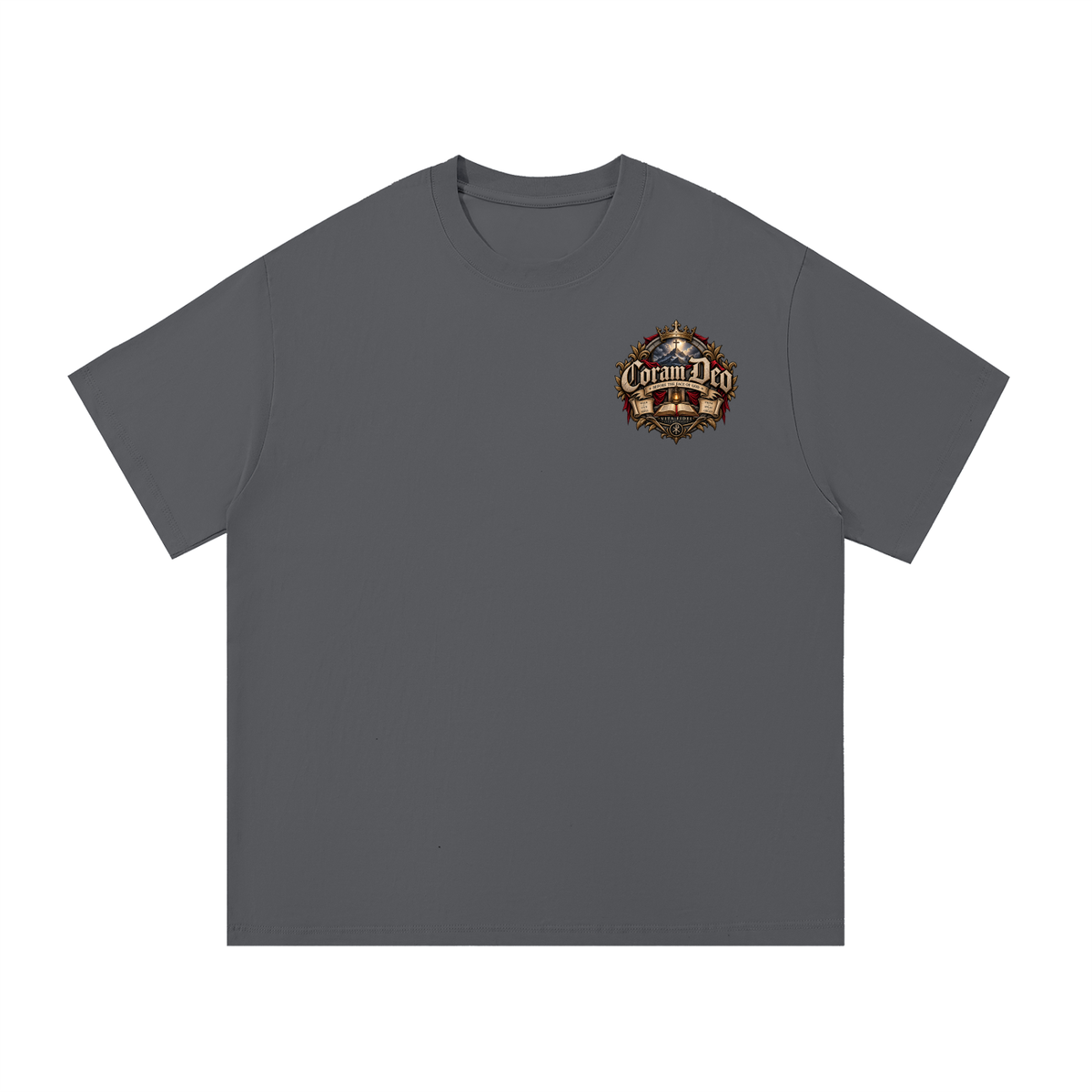 Coram Deo Christian t-shirt in dark gray — front with small left-chest crest, Vita Fidei Reformation Collection