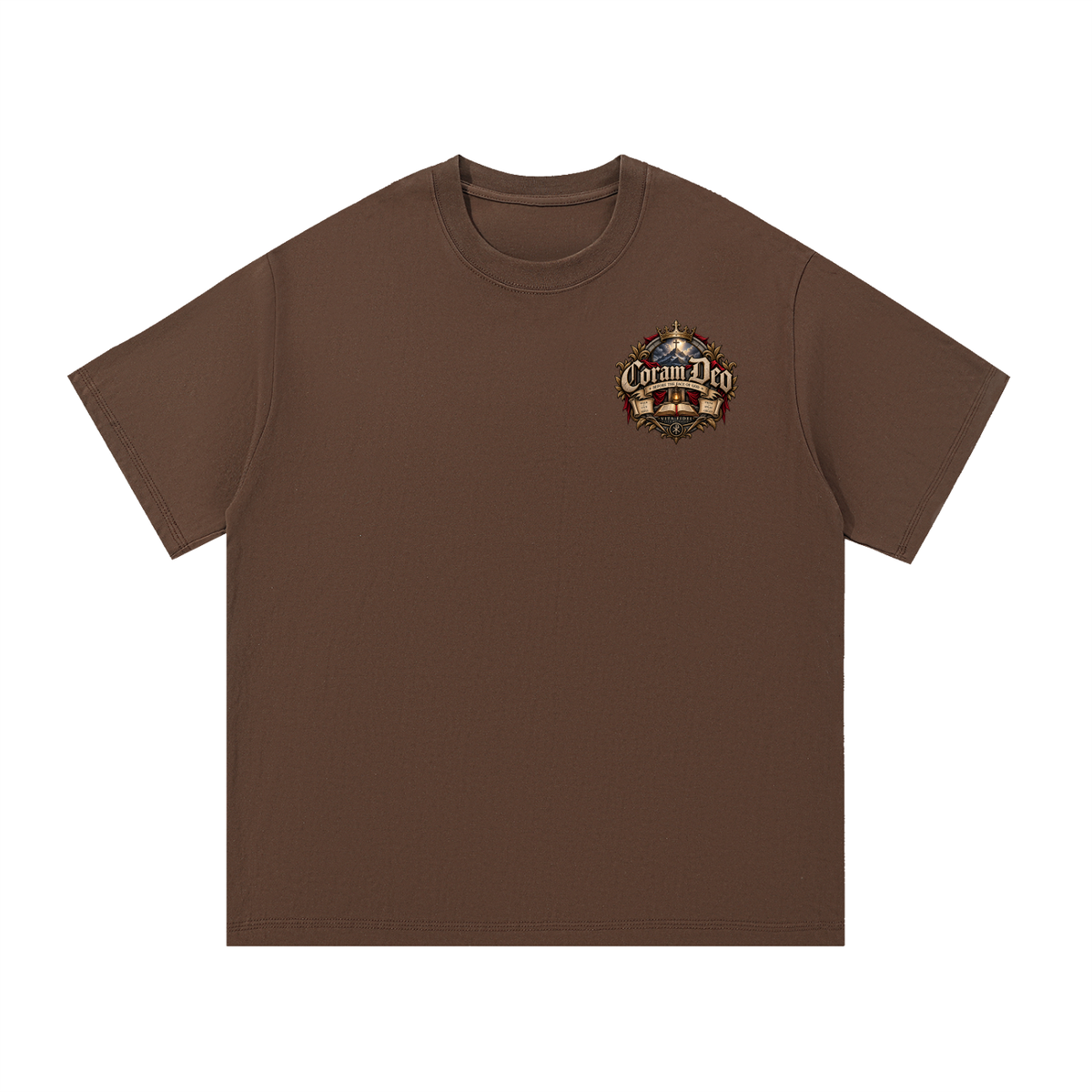 Coram Deo Christian t-shirt in coffee brown — front with small left-chest crest, Vita Fidei Reformation Collection