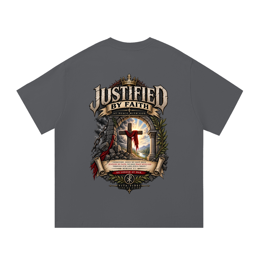 Justified by Faith Christian t-shirt in dark gray — full back print of the cross with Romans 5:1 and ‘At Peace with God’