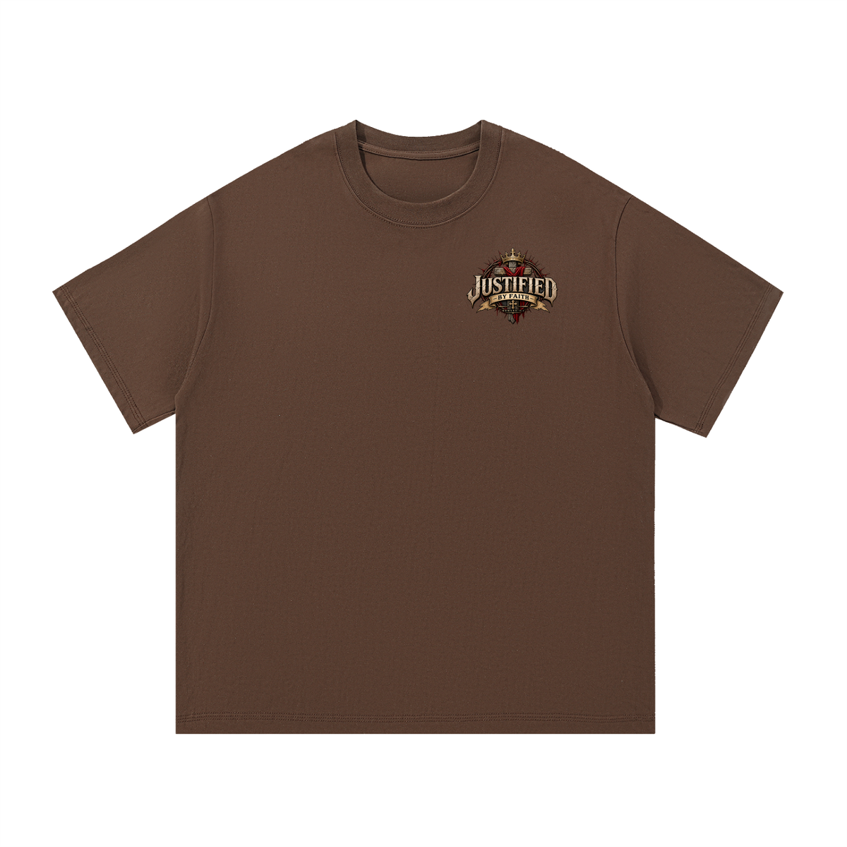 Justified by Faith Christian t-shirt in coffee brown — front with small left-chest crest, Vita Fidei Reformation Collection