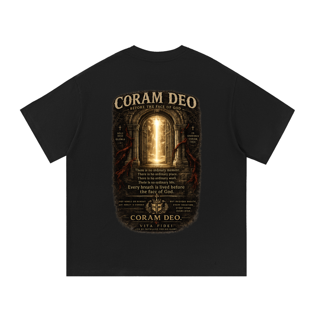 Coram Deo Christian t-shirt in black — full back print of a doorway of light with ‘Before the Face of God’