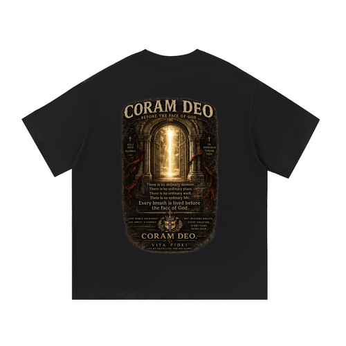 Coram Deo Christian t-shirt in black — full back print of a doorway of light with ‘Before the Face of God’