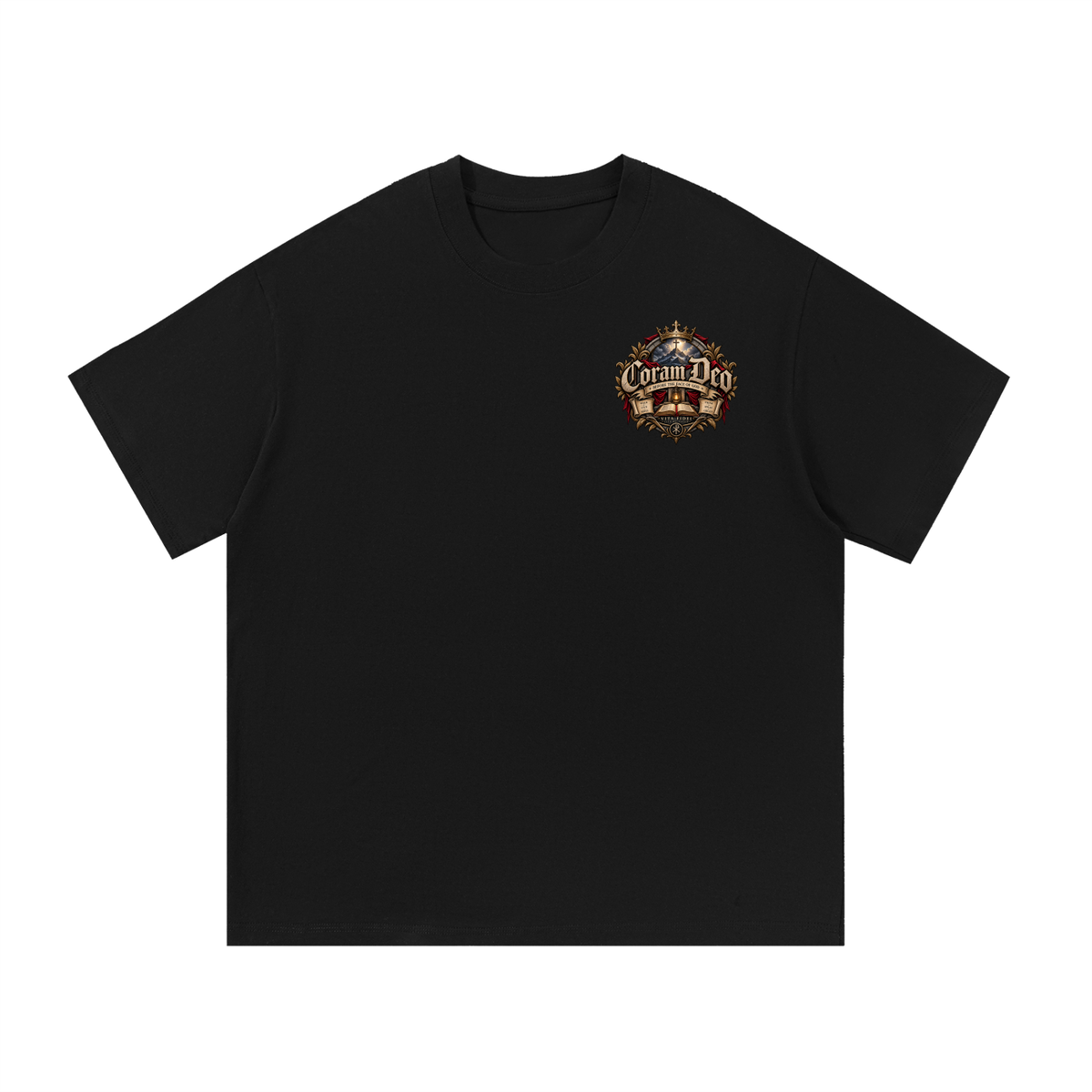 Coram Deo Christian t-shirt in black — front with small left-chest crest, Vita Fidei Reformation Collection