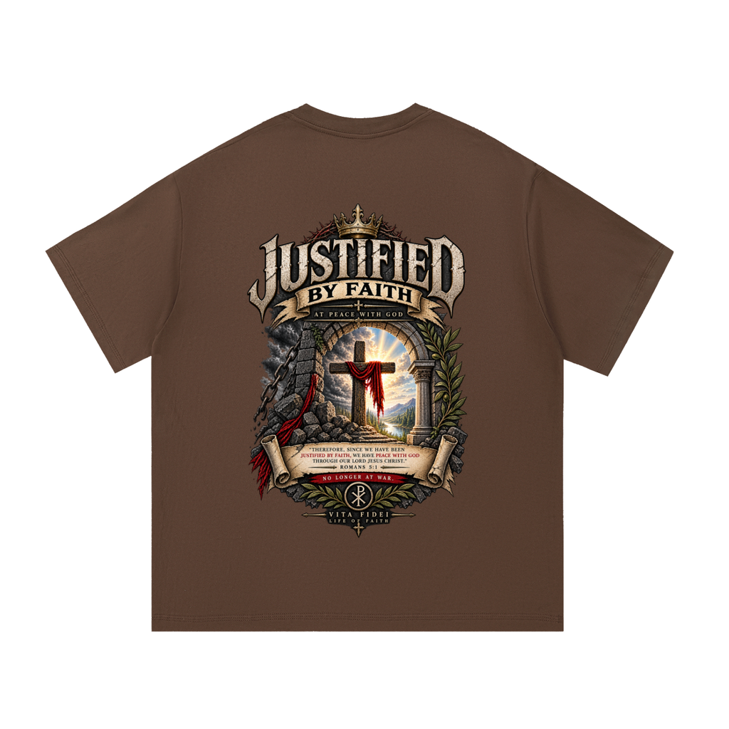Justified by Faith Christian t-shirt in coffee brown — full back print of the cross with Romans 5:1 and ‘At Peace with God’