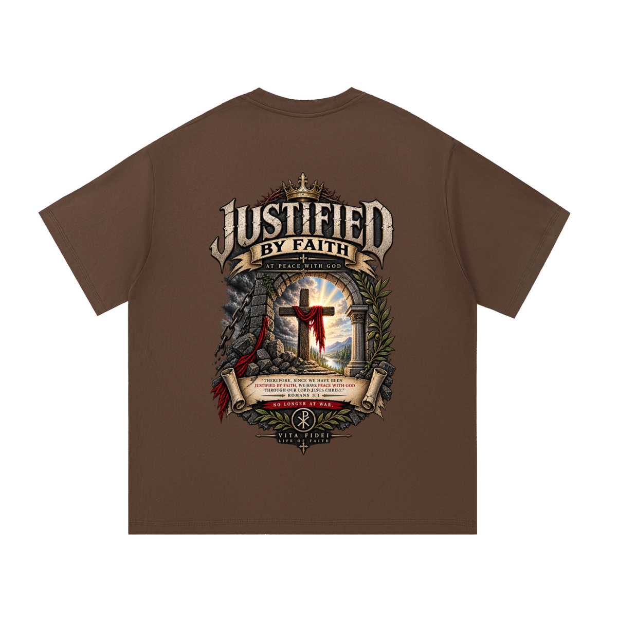 Justified by Faith Christian t-shirt in coffee brown — full back print of the cross with Romans 5:1 and ‘At Peace with God’