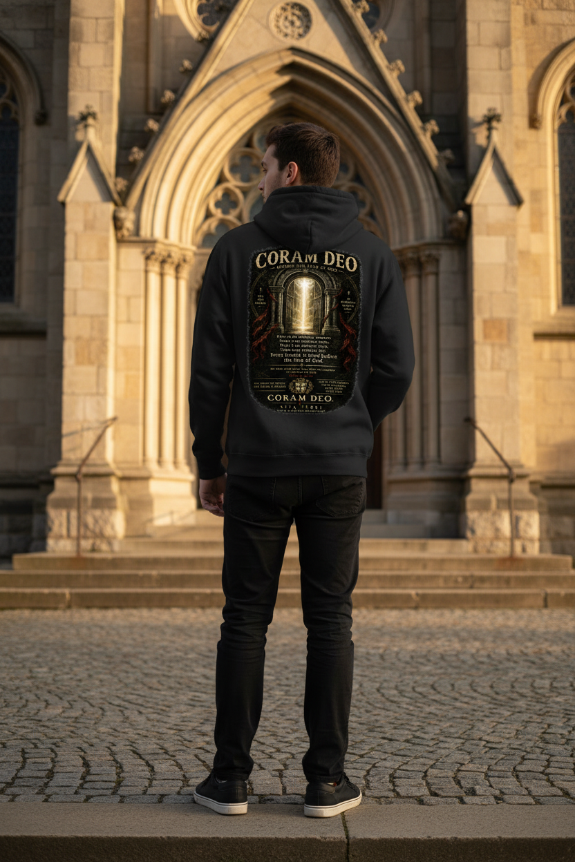Coram Deo Hoodie Back Lifestyle
