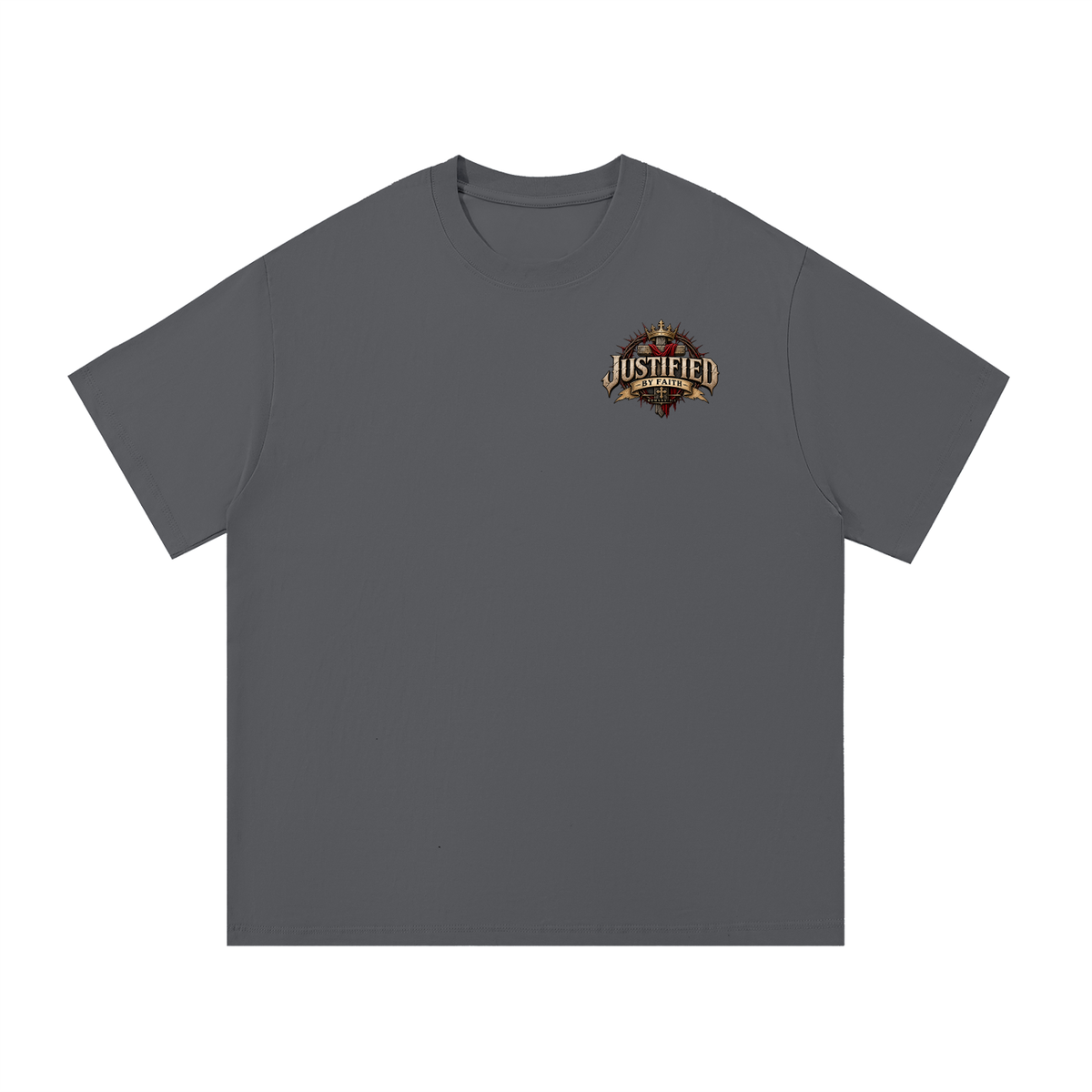 Justified by Faith Christian t-shirt in dark gray — front with small left-chest crest, Vita Fidei Reformation Collection