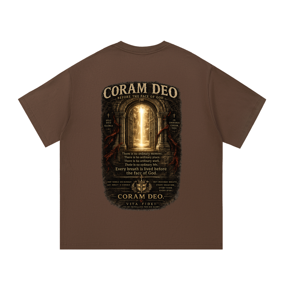 Coram Deo Christian t-shirt in coffee brown — full back print of a doorway of light with ‘Before the Face of God’