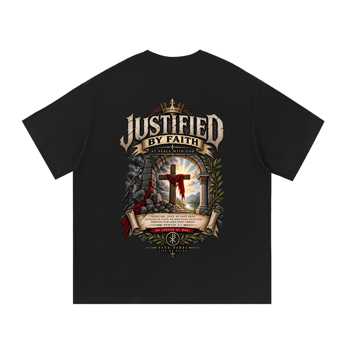 Justified by Faith Christian t-shirt in black — full back print of the cross with Romans 5:1 and ‘At Peace with God’