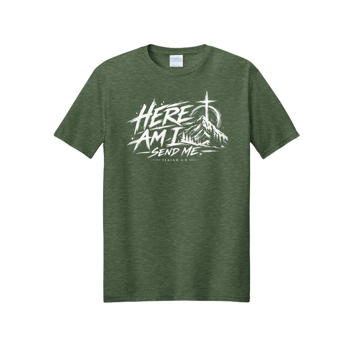 Here Am I, Send Me Isaiah 6:8 Christian T-shirt in Forest Green Heather