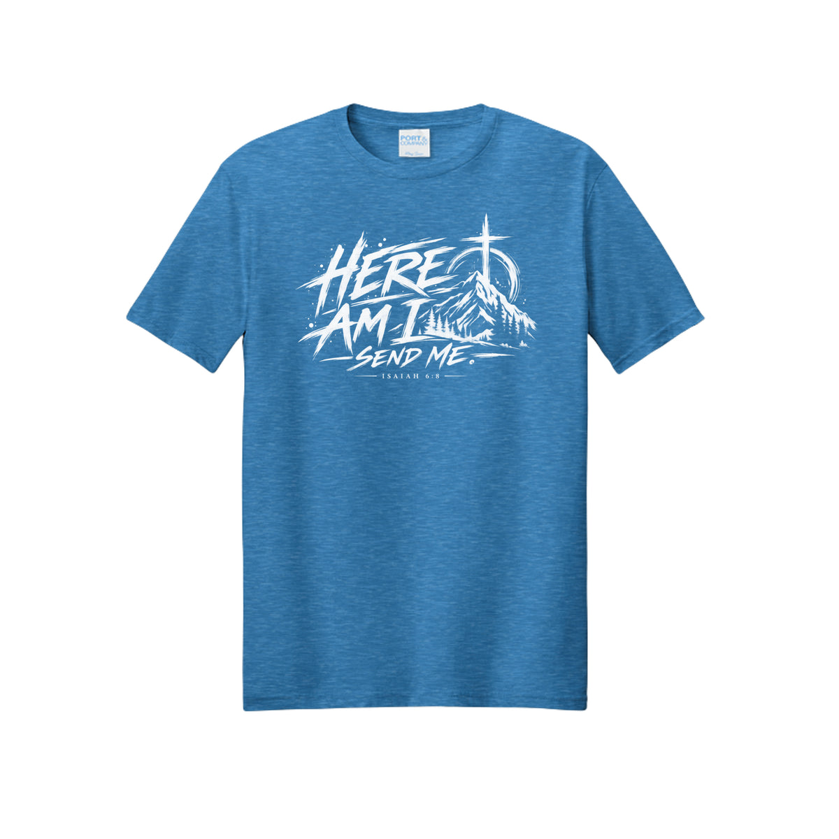 Here Am I, Send Me Isaiah 6:8 Christian T-shirt in Sapphire Heather