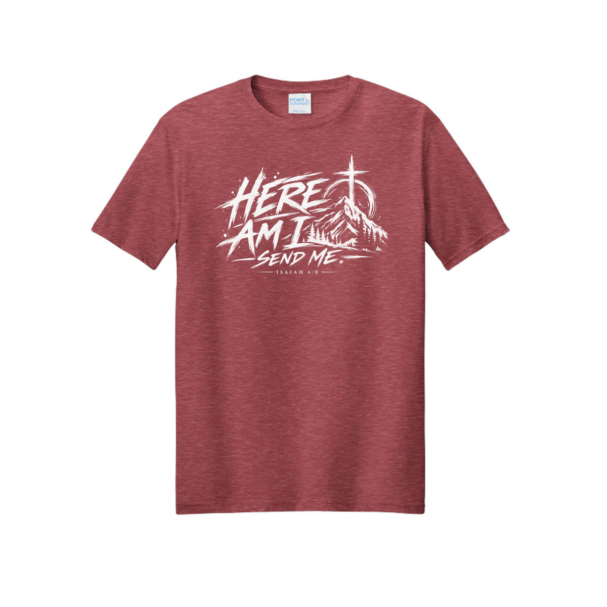 Here Am I, Send Me Isaiah 6:8 Christian T-shirt in Team Cardinal Heather