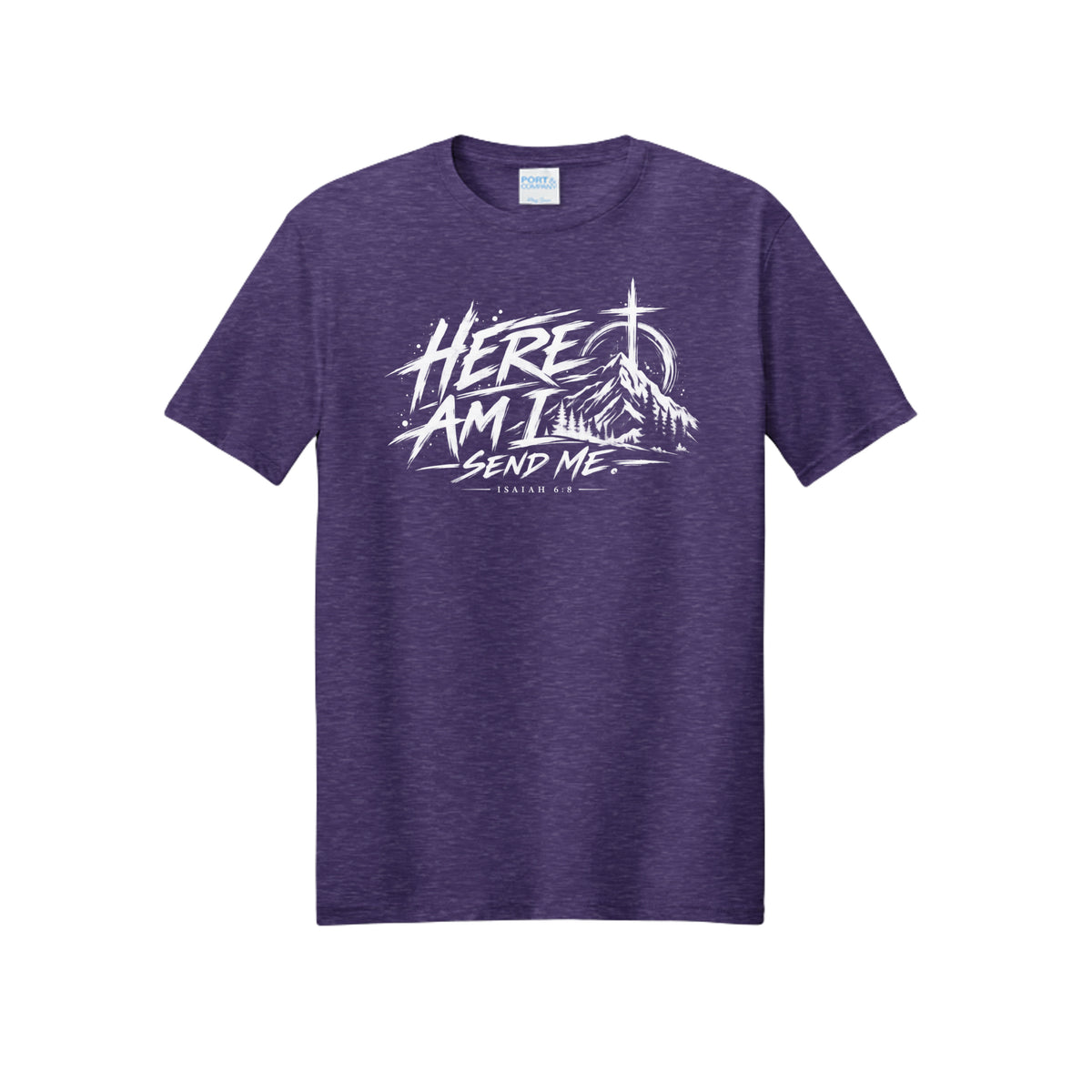 Here Am I, Send Me Isaiah 6:8 Christian T-shirt in Team Purple Heather