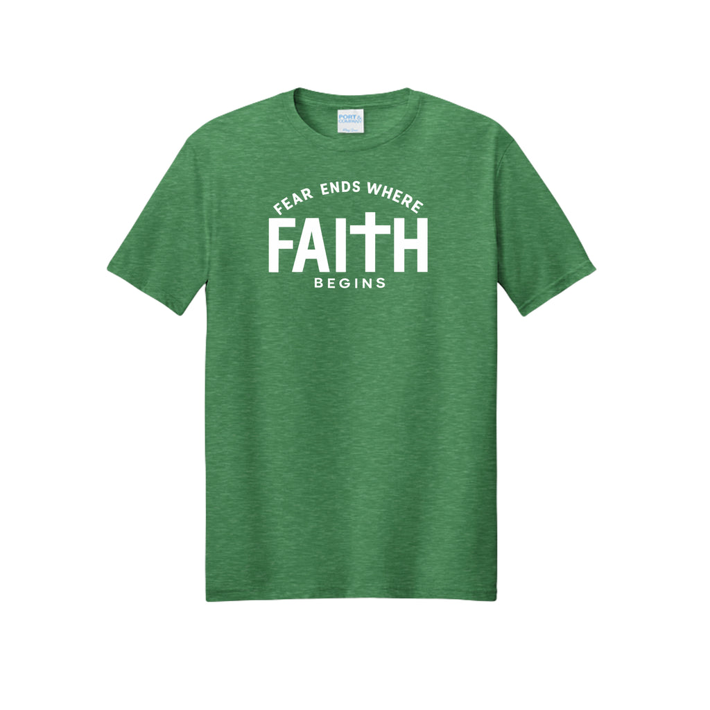 Fear Ends Where Faith Begins t-shirt in Athletic Kelly Green Heather — Christian tee with a cross at the center of the word FAITH