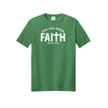 Fear Ends Where Faith Begins t-shirt in Athletic Kelly Green Heather — Christian tee with a cross at the center of the word FAITH