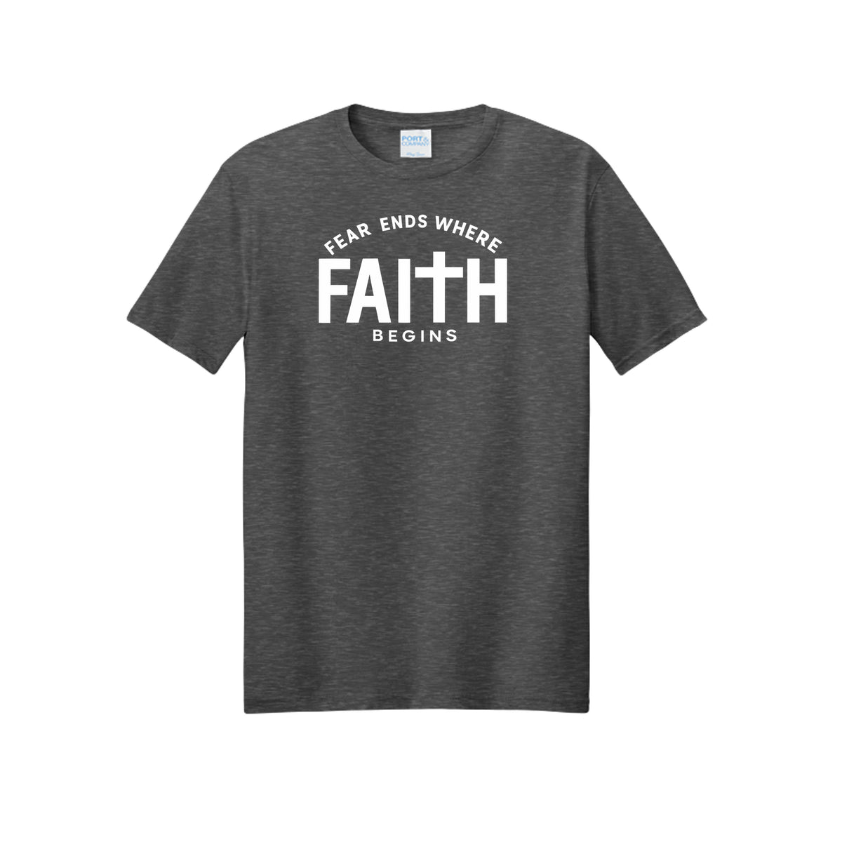 Fear Ends Where Faith Begins t-shirt in Black Heather — Christian tee with a cross at the center of the word FAITH