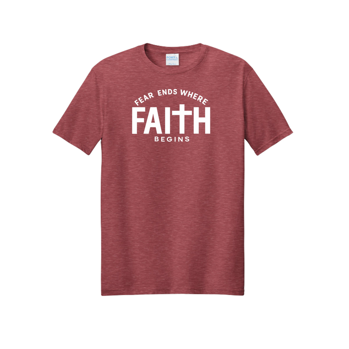 Fear Ends Where Faith Begins t-shirt in Team Cardinal Heather — Christian tee with a cross at the center of the word FAITH