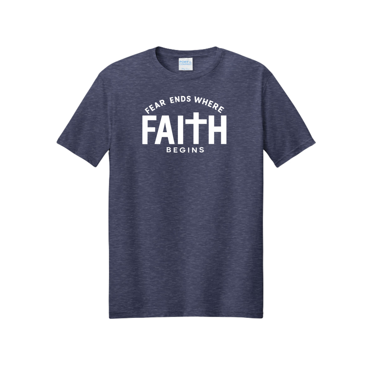 Fear Ends Where Faith Begins t-shirt in Team Navy Heather — Christian tee with a cross at the center of the word FAITH