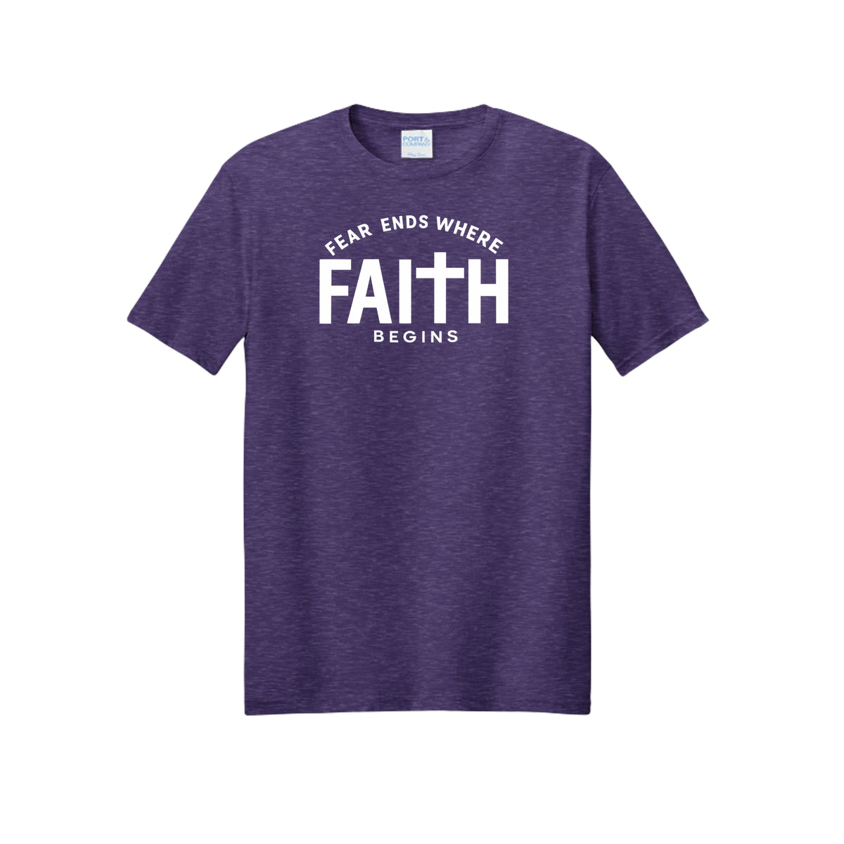 Fear Ends Where Faith Begins t-shirt in Team Purple Heather — Christian tee with a cross at the center of the word FAITH