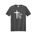 The Way Tee in Black Heather — Christian t-shirt with brushstroke cross and ‘the Way, the Truth, the Life’ (John 14:6)