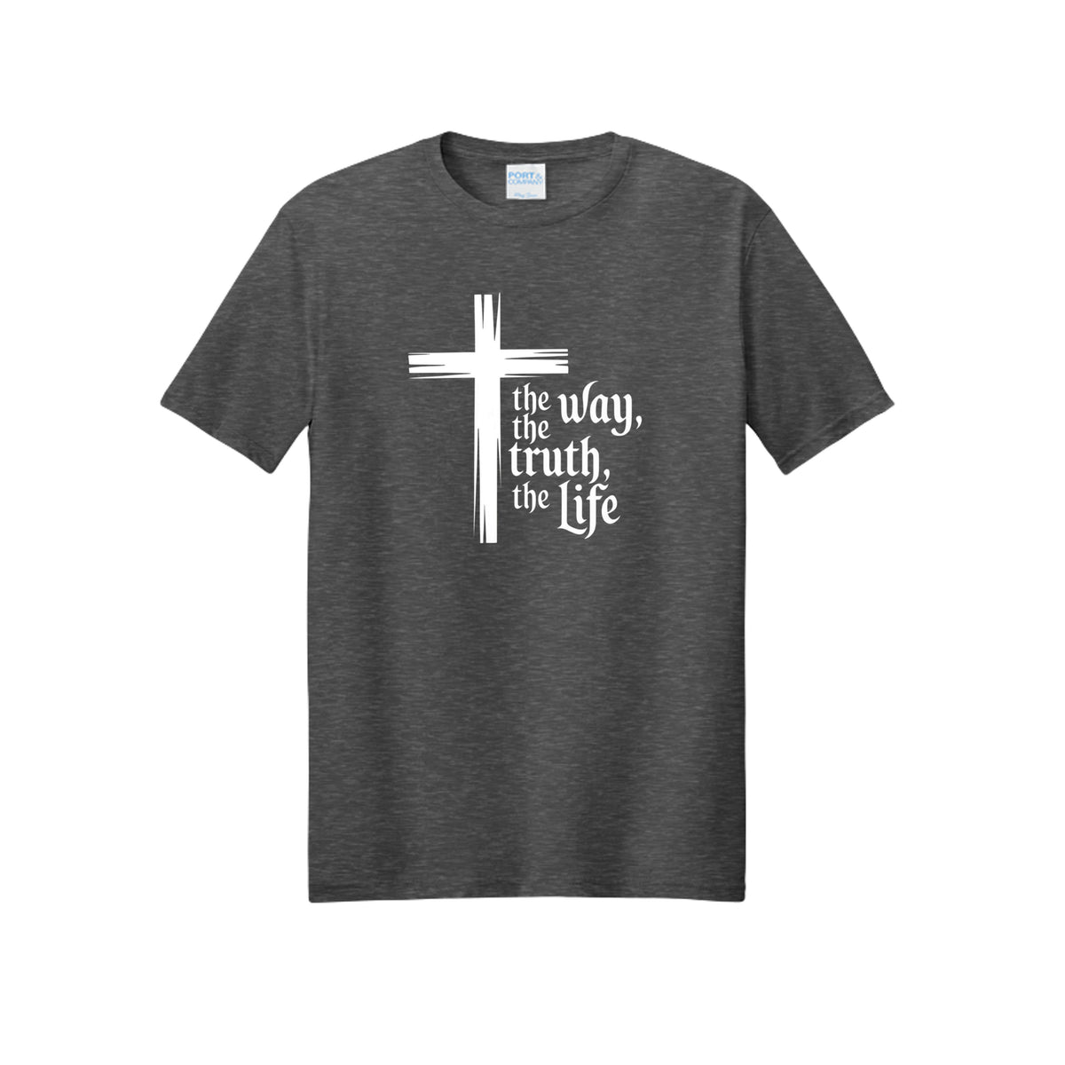 The Way Tee in Black Heather — Christian t-shirt with brushstroke cross and ‘the Way, the Truth, the Life’ (John 14:6)