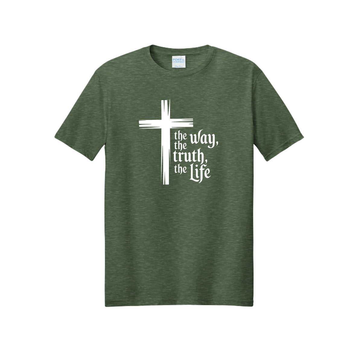 The Way Tee in Forest Green Heather — Christian t-shirt with brushstroke cross and ‘the Way, the Truth, the Life’ (John 14:6)