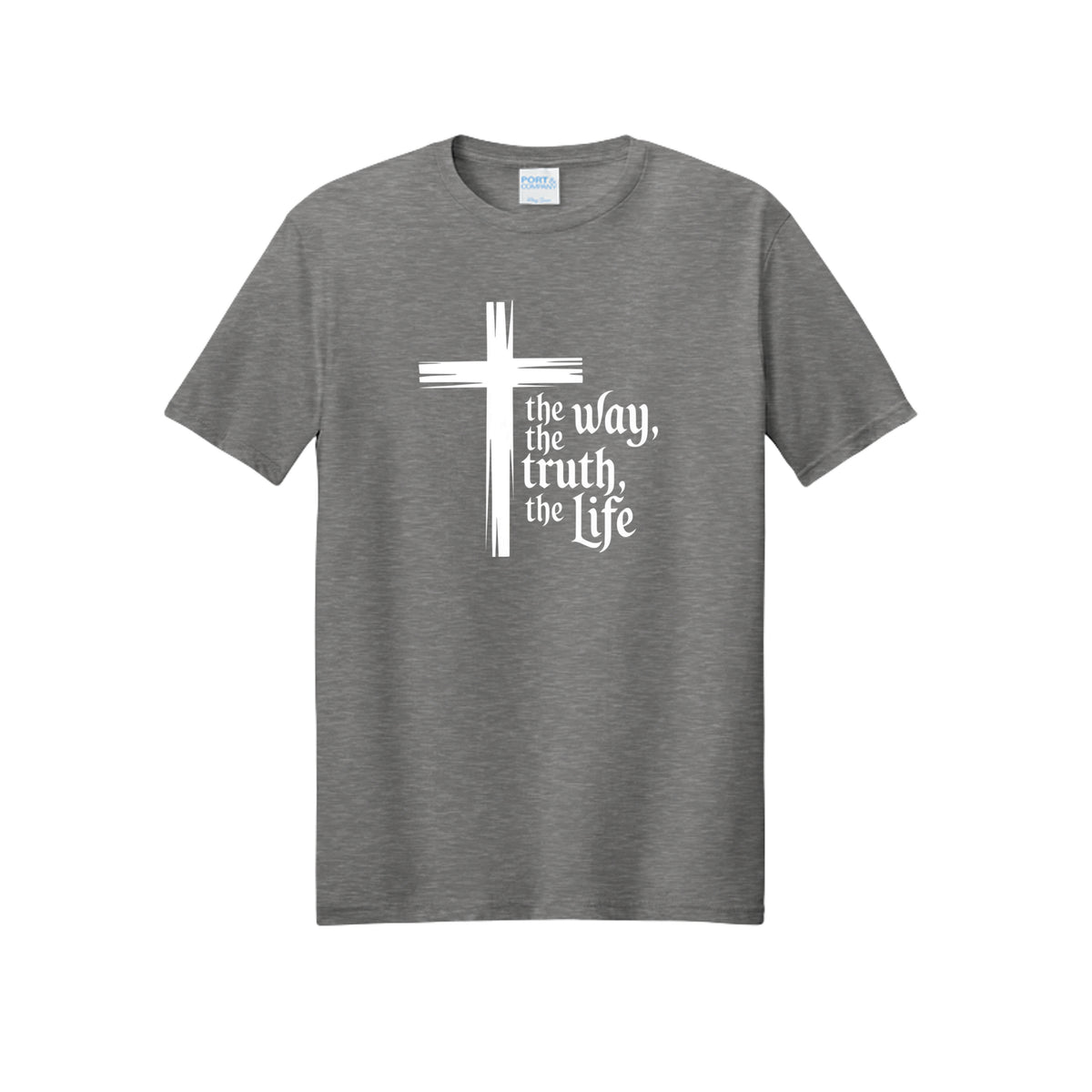 The Way Tee in Graphite Heather — Christian t-shirt with brushstroke cross and ‘the Way, the Truth, the Life’ (John 14:6)