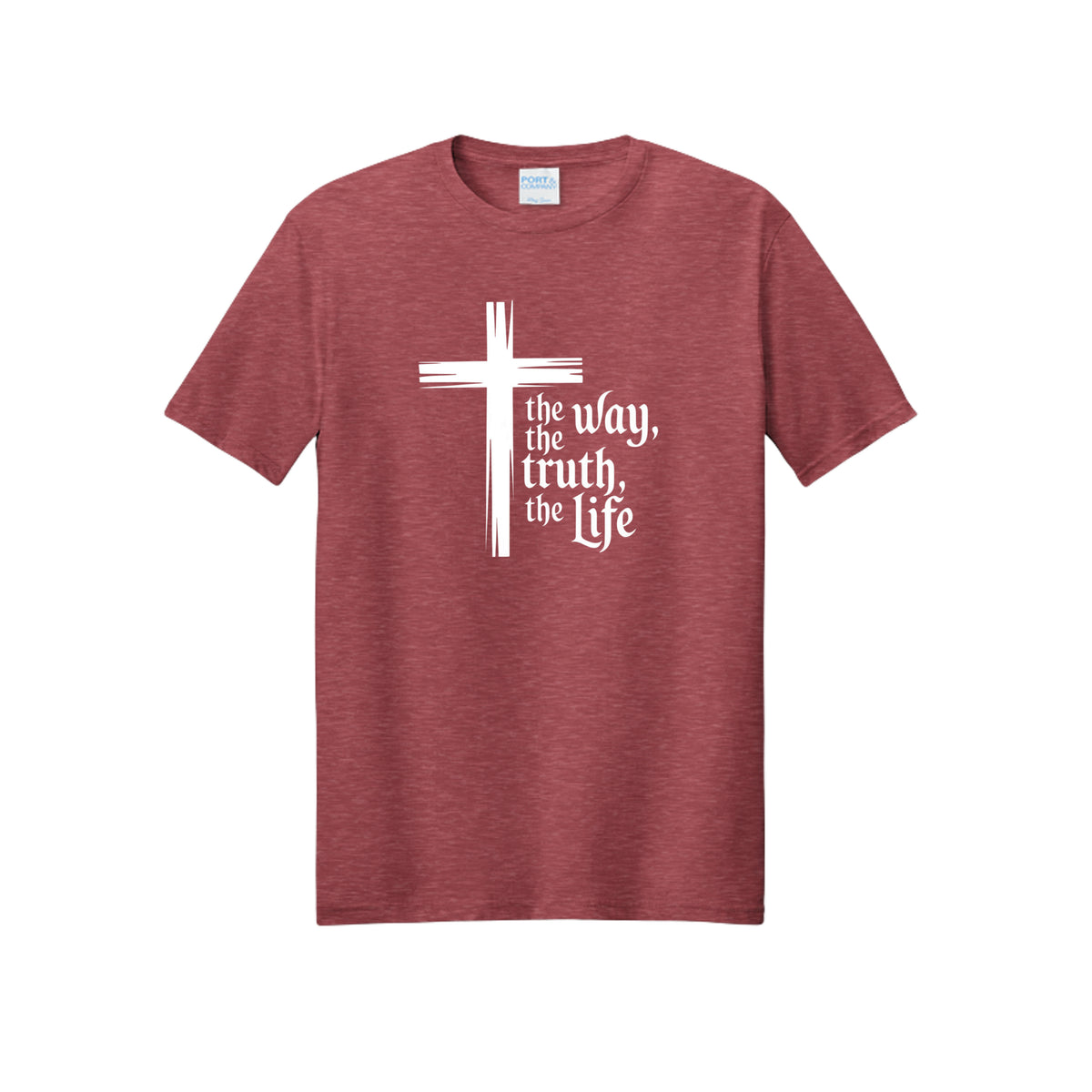The Way Tee in Team Cardinal Heather — Christian t-shirt with brushstroke cross and ‘the Way, the Truth, the Life’ (John 14:6)
