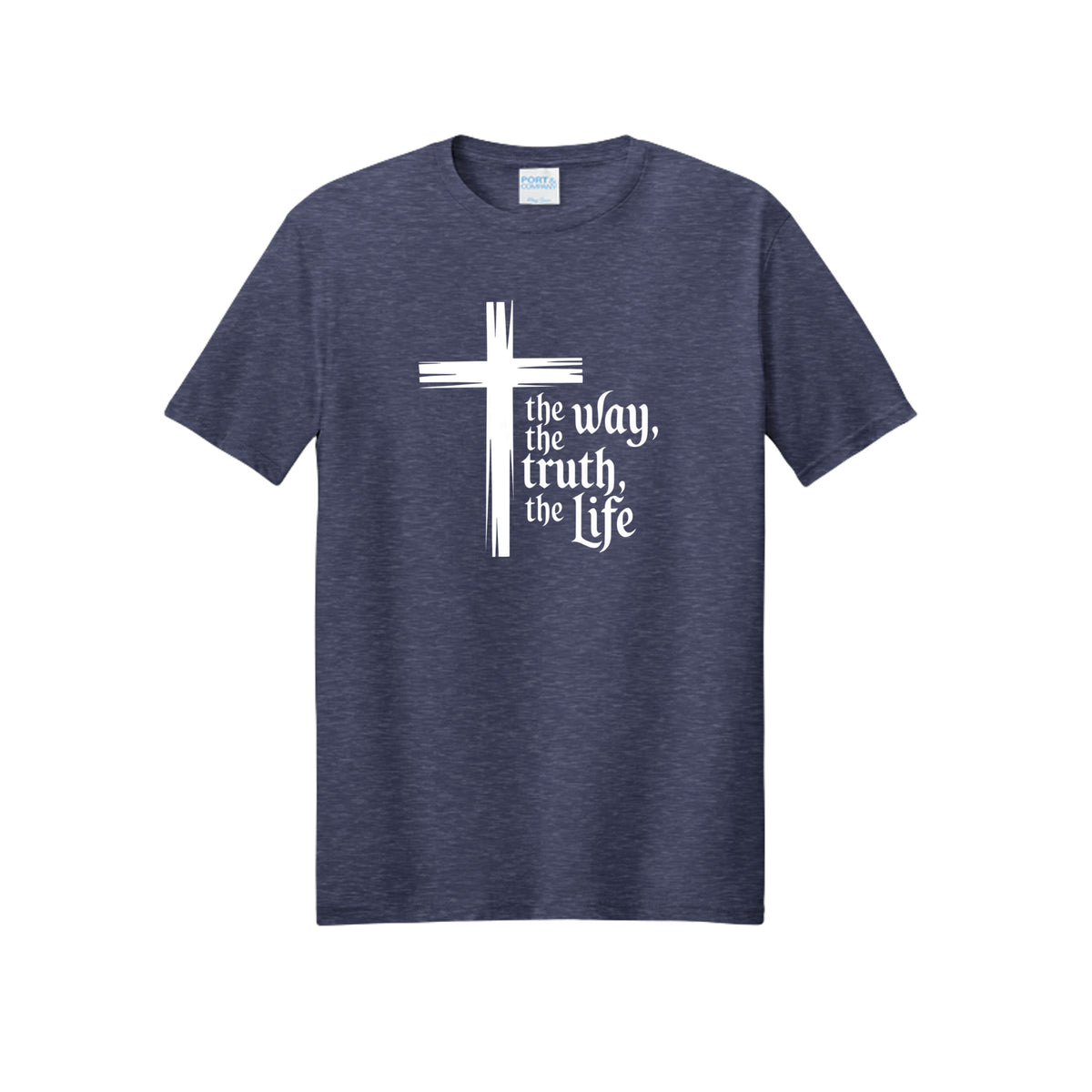The Way Tee in Team Navy Heather — Christian t-shirt with brushstroke cross and ‘the Way, the Truth, the Life’ (John 14:6)