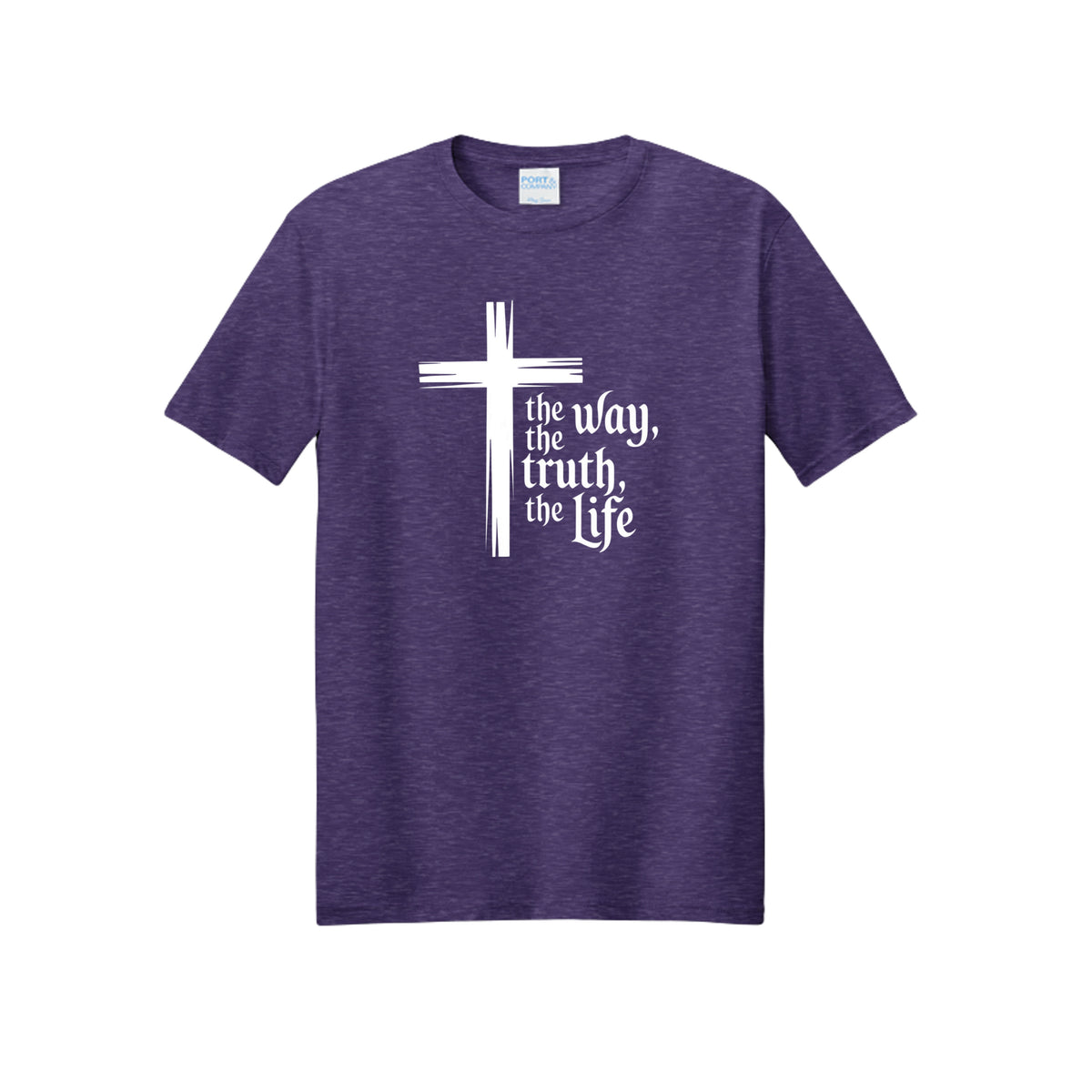 The Way Tee in Team Purple Heather — Christian t-shirt with brushstroke cross and ‘the Way, the Truth, the Life’ (John 14:6)