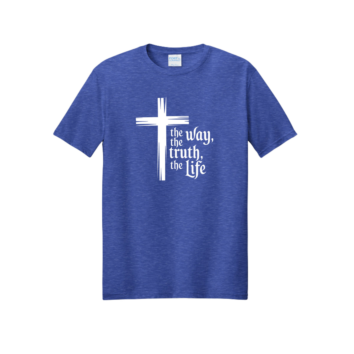 The Way Tee in True Royal Heather — Christian t-shirt with brushstroke cross and ‘the Way, the Truth, the Life’ (John 14:6)